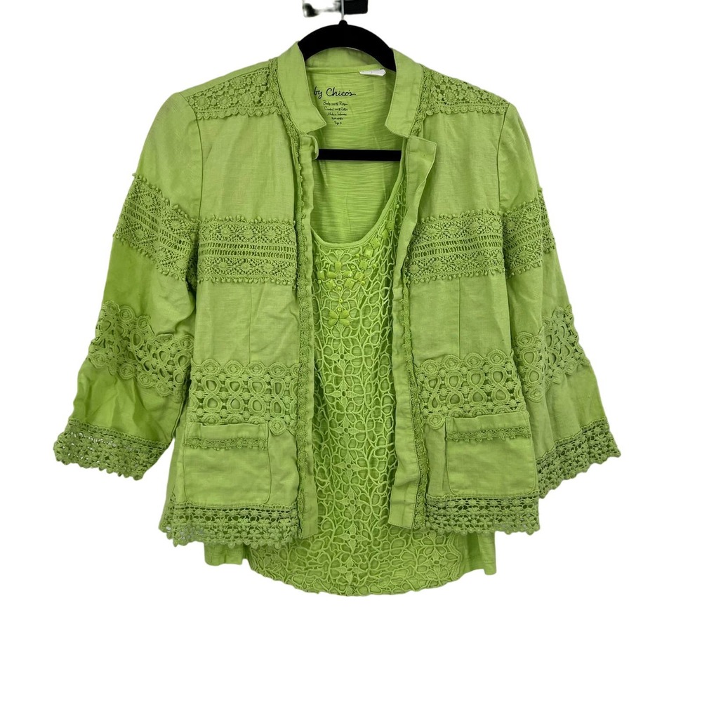 Chico's Lime Green Boho Lace Textured Cardigan Blouse‎ Tank Set Women's 4-6 XS